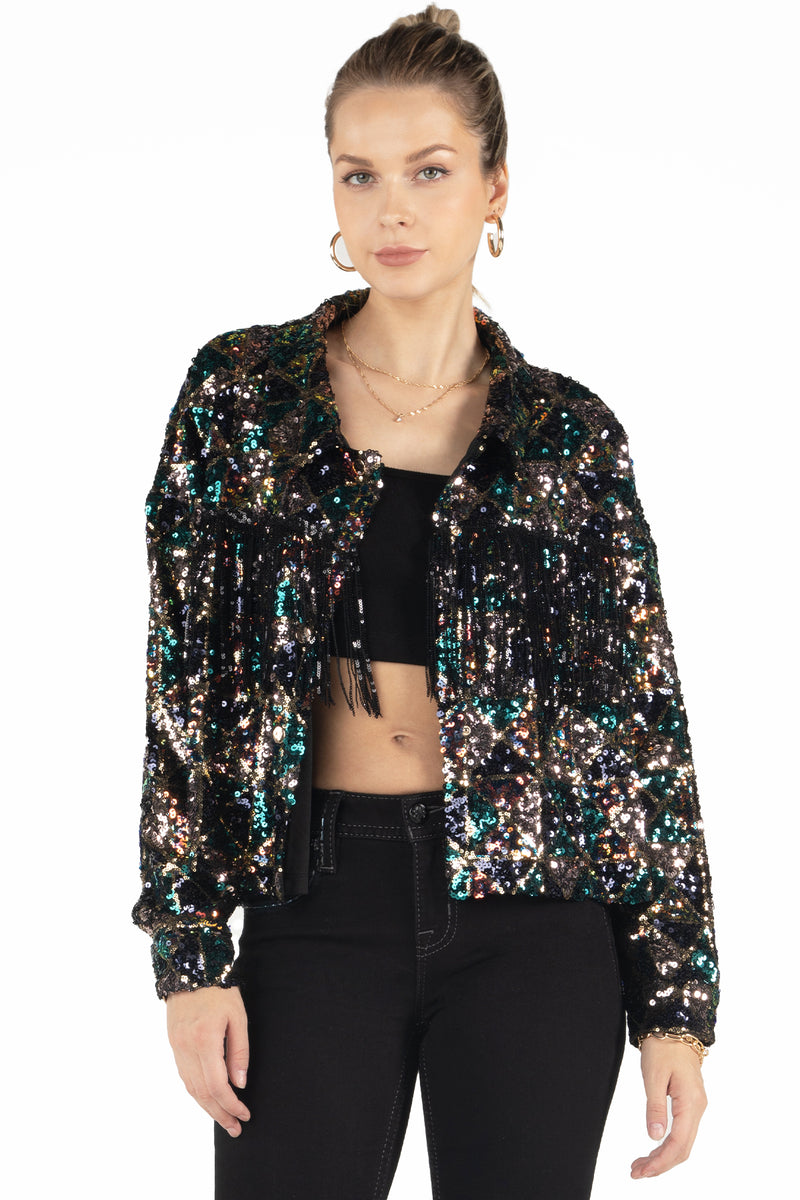 Geometric Sequin Fringe Jacket, Only $94.00