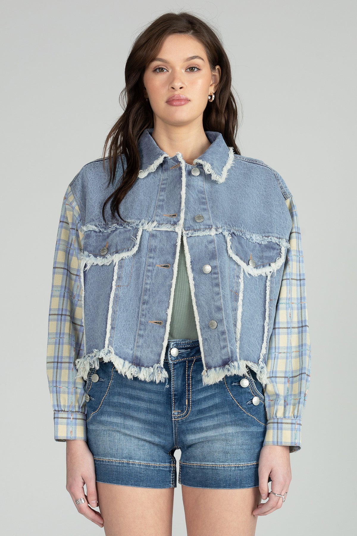 Cropped Plaid Denim Jacket | Only $89.00 | Blue | Miss Me