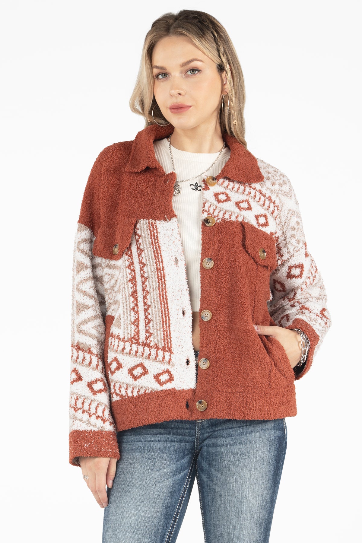 Aztec Button Up Sweater Jacket Only 89.00 Brick Red Miss Me