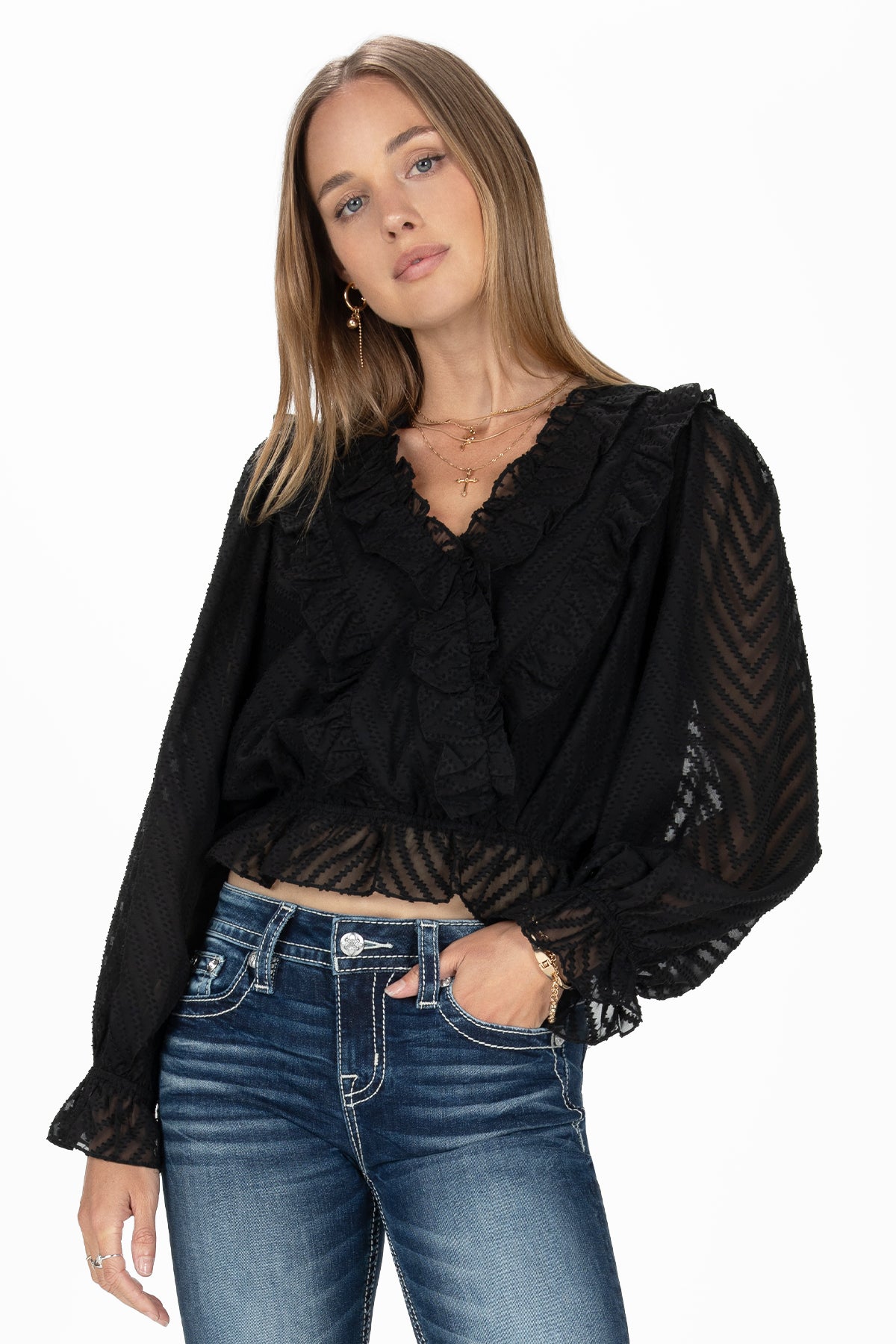 Ruffle Cropped Blouse, Only $64.00, Black