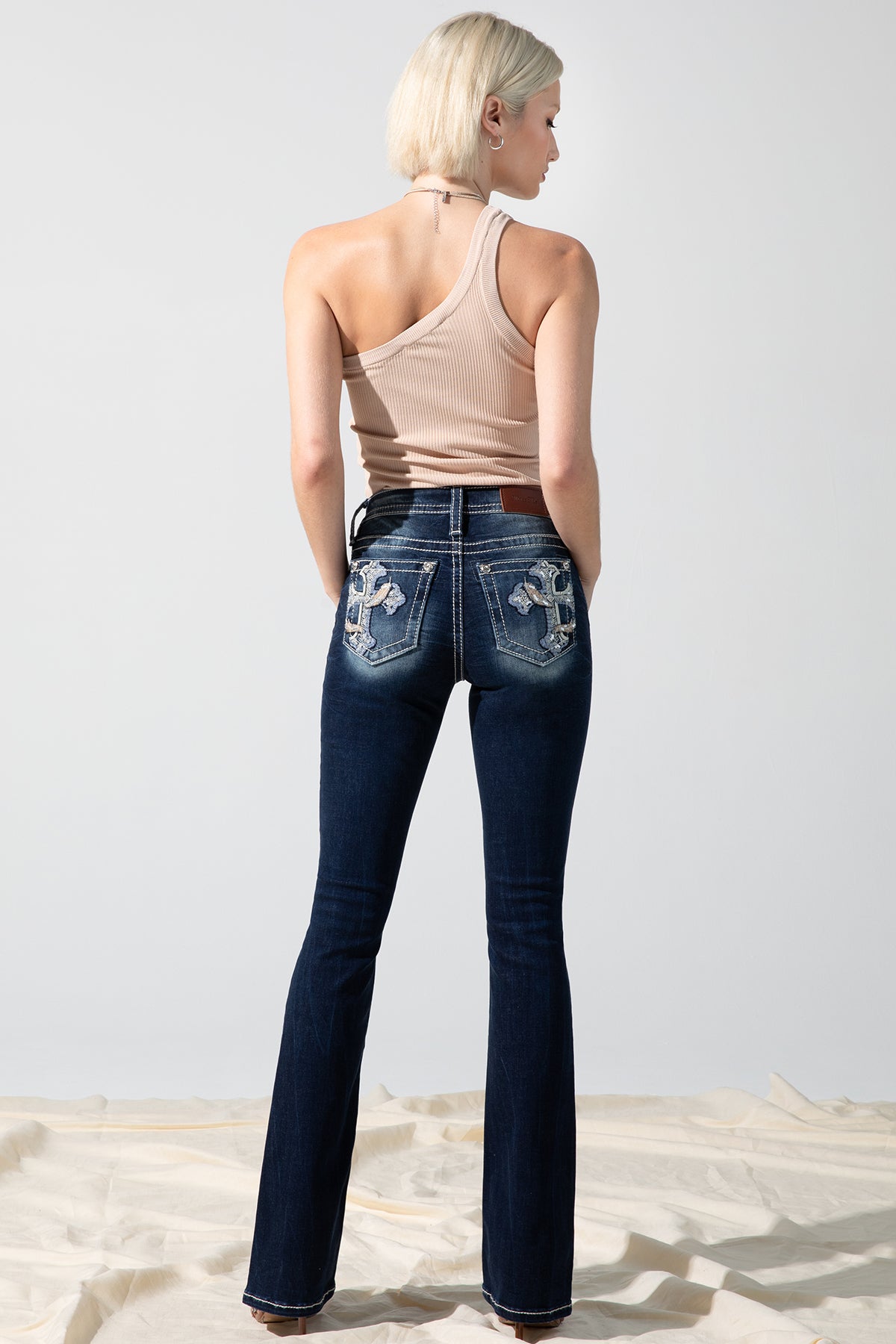 Feathered Cross Bootcut Jeans
