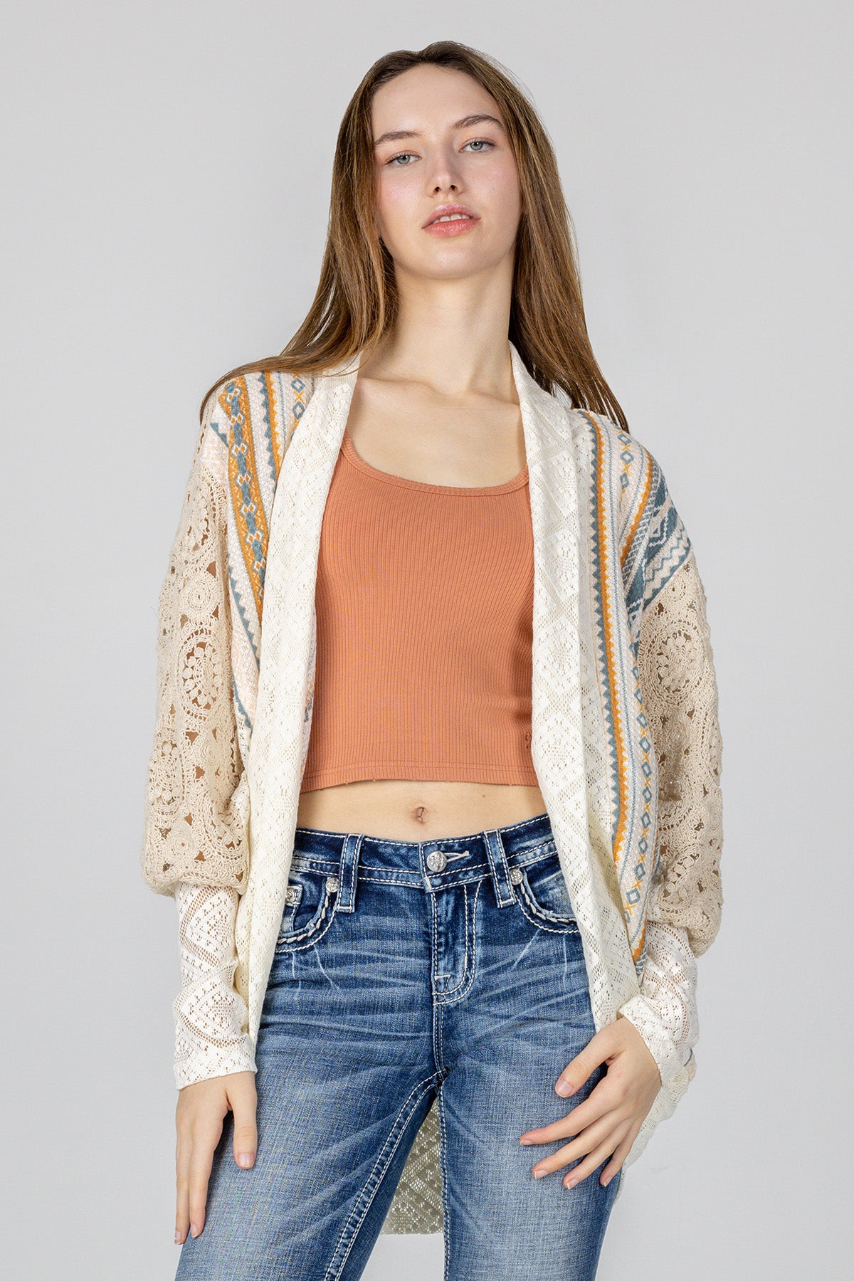 Mixed Media Aztec Print Crochet Cardigan | Only $79.00 | Multi