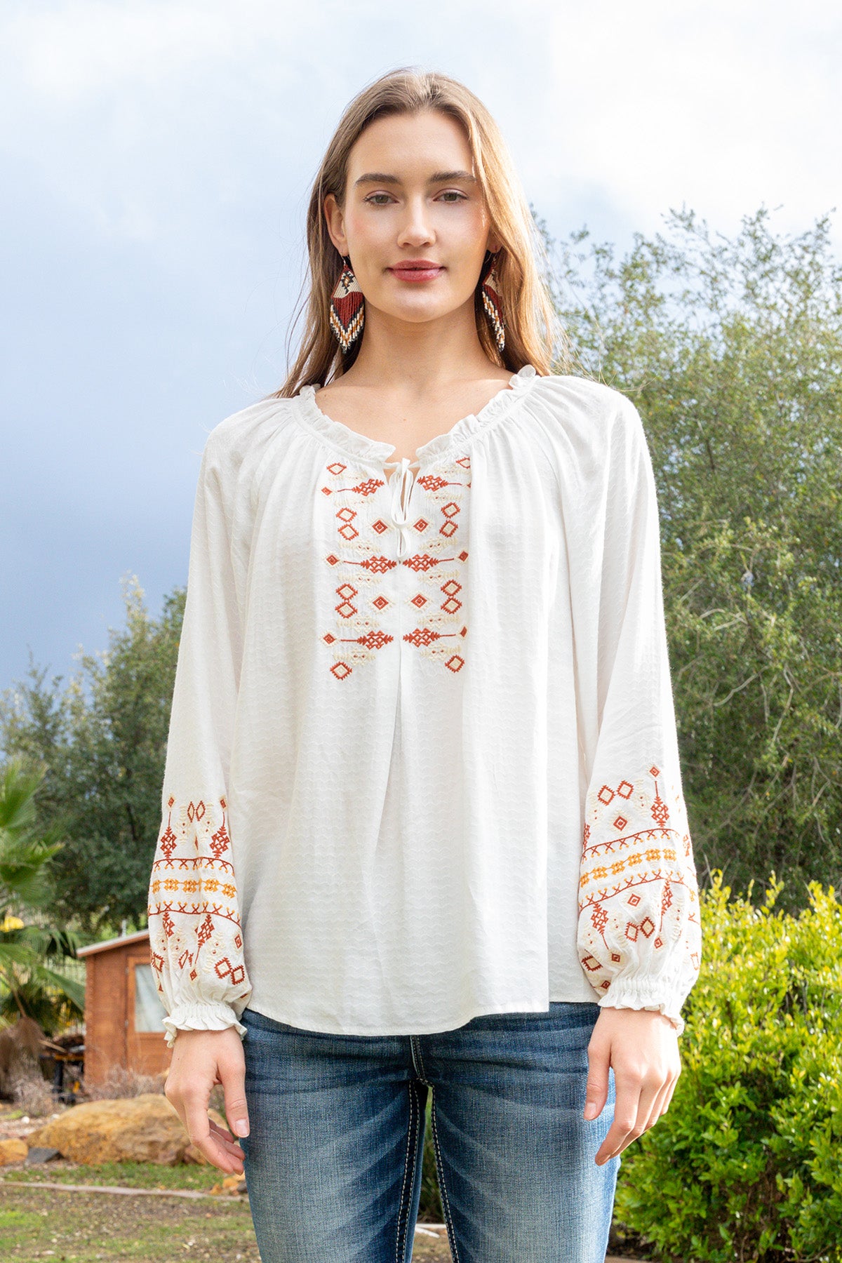 Embroidered Peasant Blouse | Only $79.00 | Multi White | Miss Me